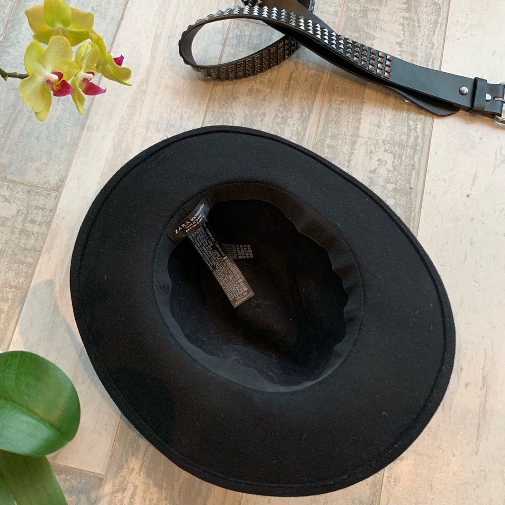 Zara 100%Wool Wide Firm Brim Fedora Black Hat - Picture 12 of 16